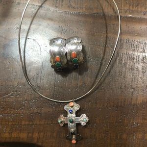 Sterling silver and stones choker and clip earings